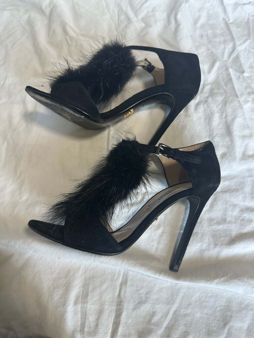 Prada Suede Fur Trim T-Strap Stiletto Sandals
